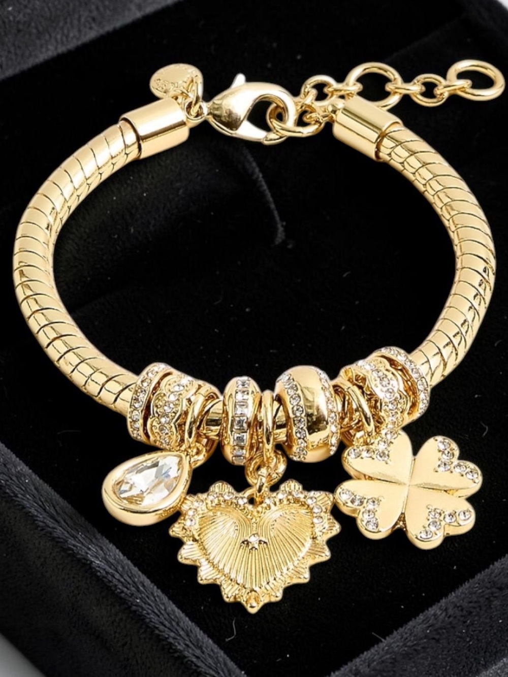 J. Crew Gold-Tone Charm Bracelet with Heart, Clover & Crystal Drop 💛